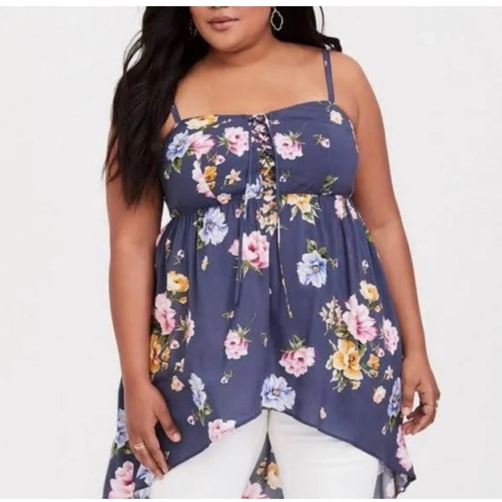 Torrid Floral Lace Up Cami Top Blue Pink Smocked High Low Babydoll Plus 3 (3X)
